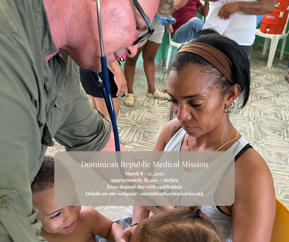 Picture of Doctor with Family in background with text about trip