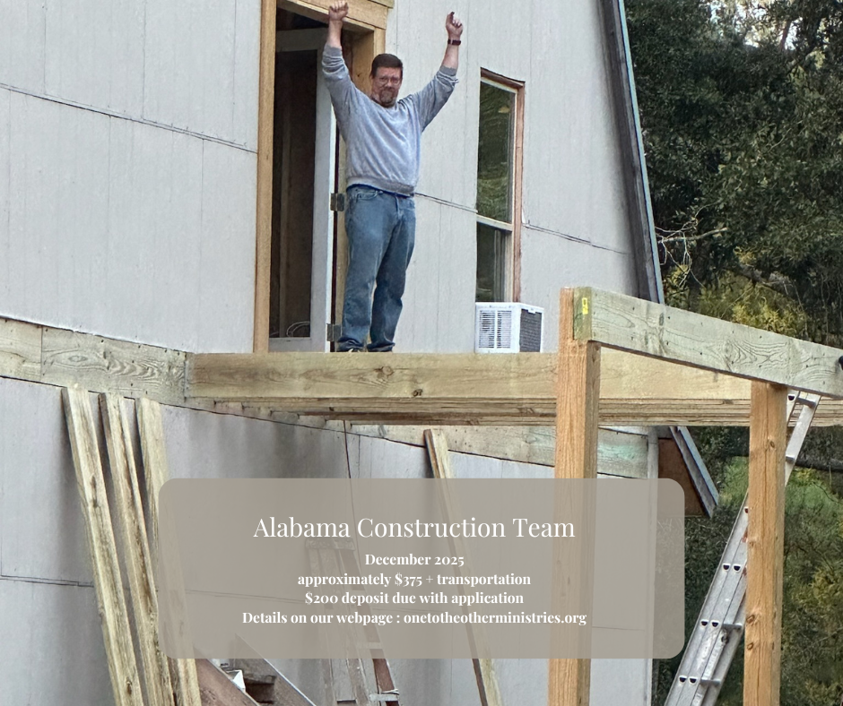 Man standing on partially built deck in background of text about trip